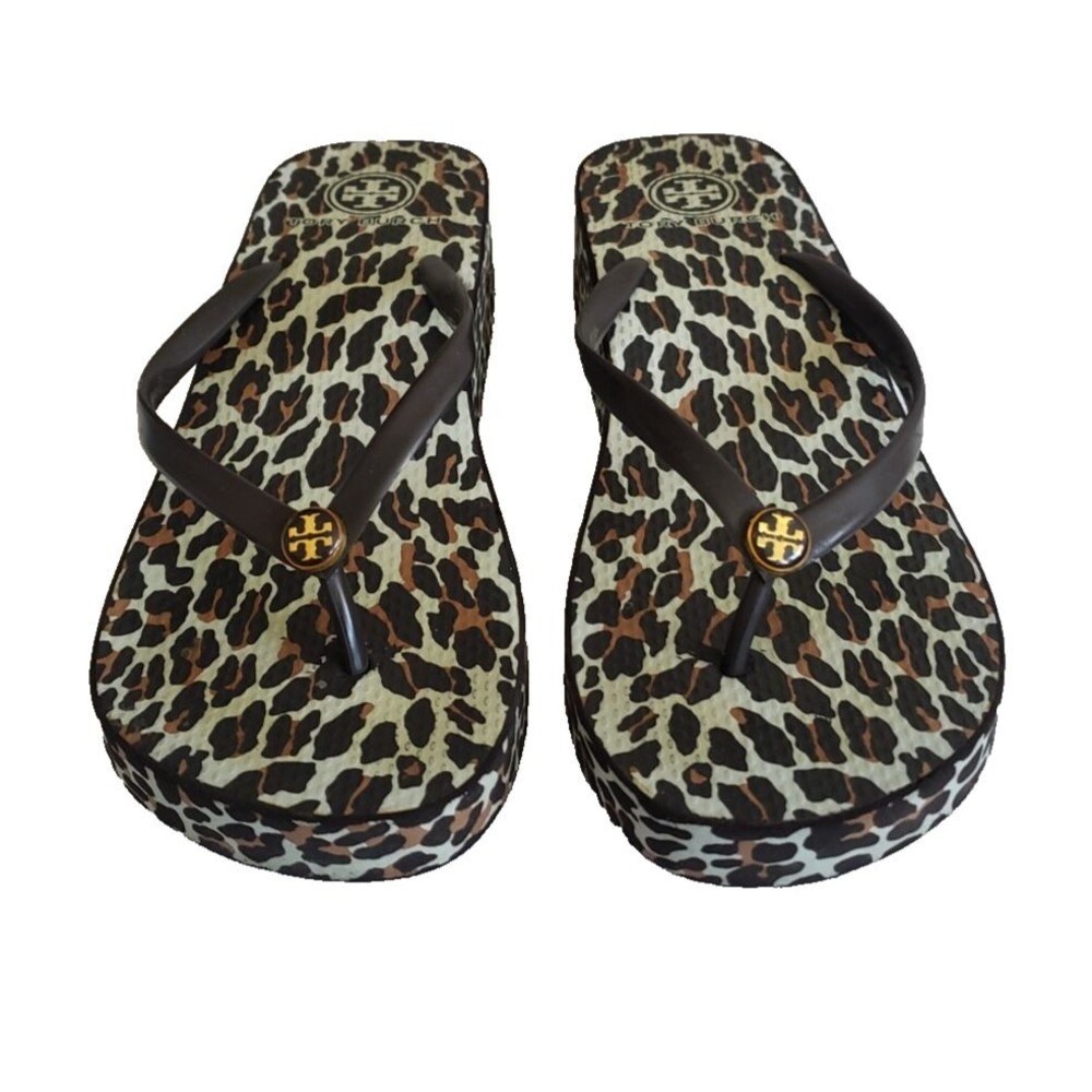 Tory Burch Thandie Wedge Flip-Flop Thong Sandals Brown-Multi Leopard Print Sz 10 - Picture 3 of 10